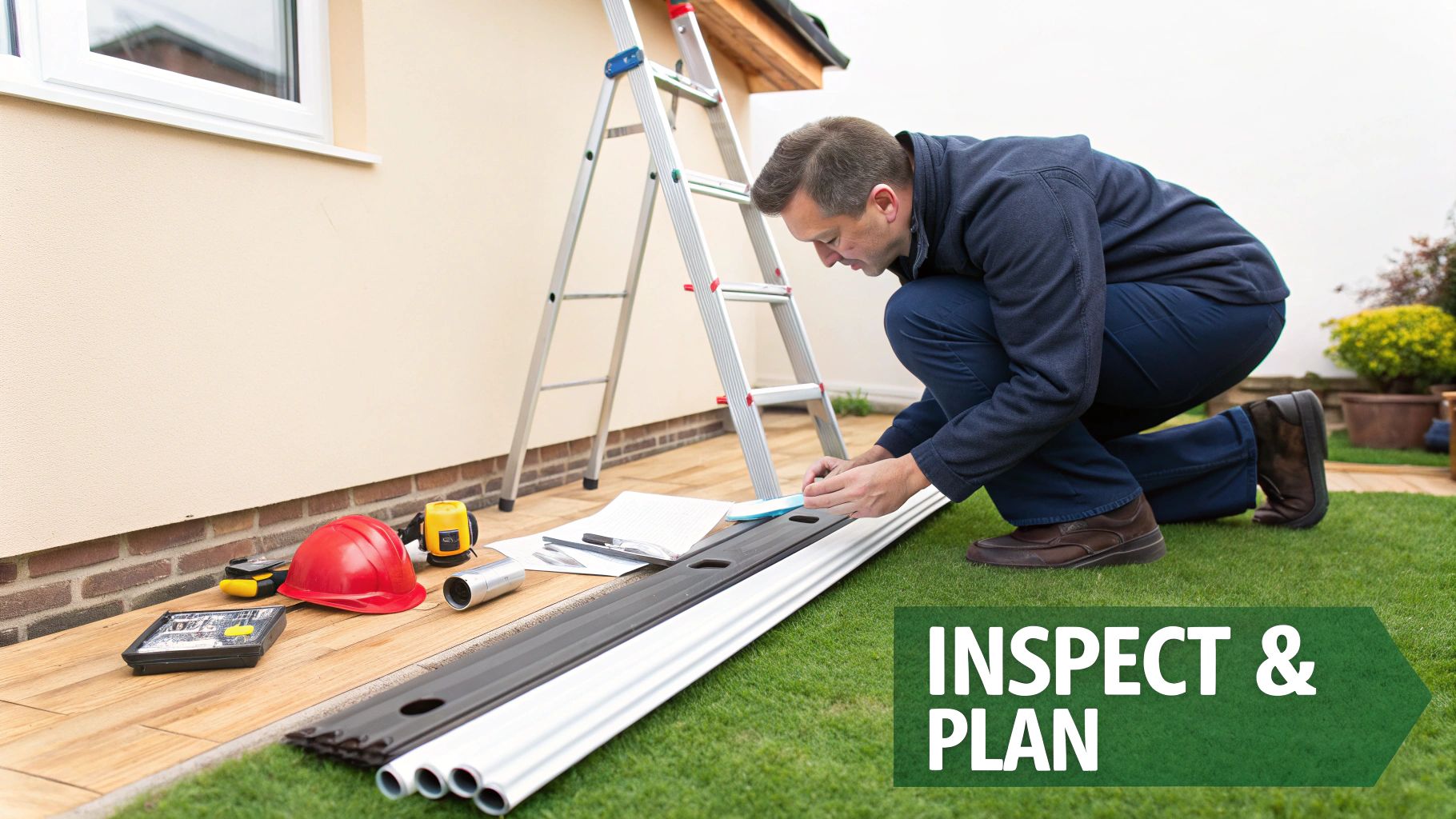A close-up view of new, clean white guttering installed on a modern house, showing the fascia brackets and downpipe.