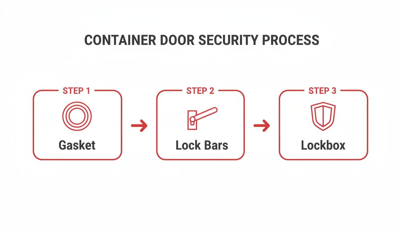Diagram illustrating the three-step container door security process: Gasket, Lock Bars, and Lockbox.