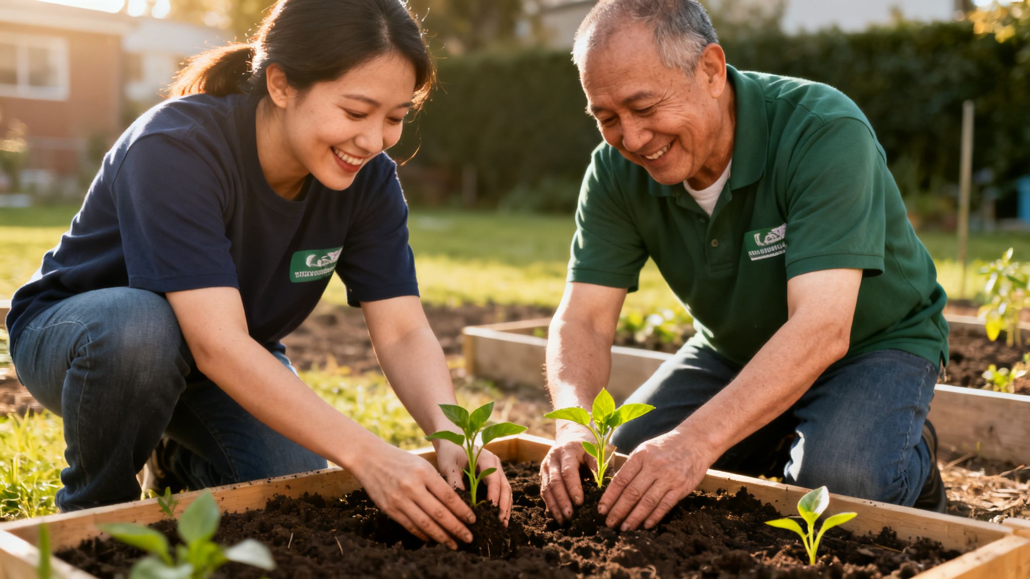 A smiling Asian woman and an older Asian man planting small plants in a community garden.