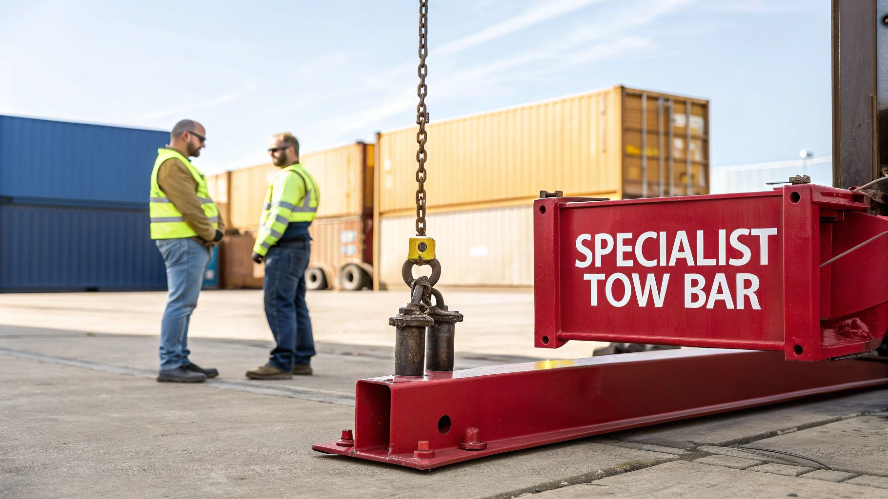 Two workers in high-vis vests stand in a container yard with a red specialist tow bar.