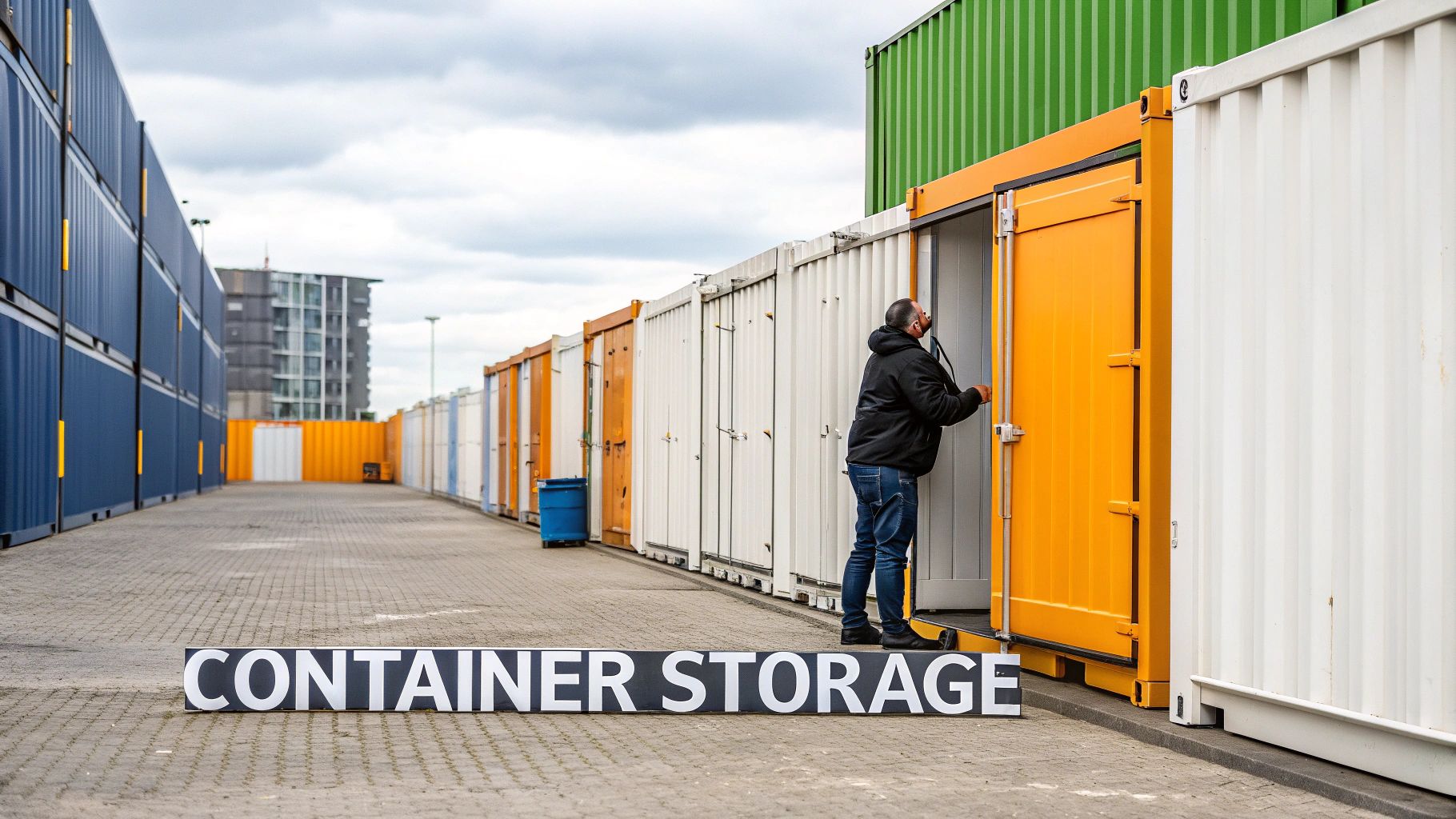 A person organising boxes in a business storage unit.