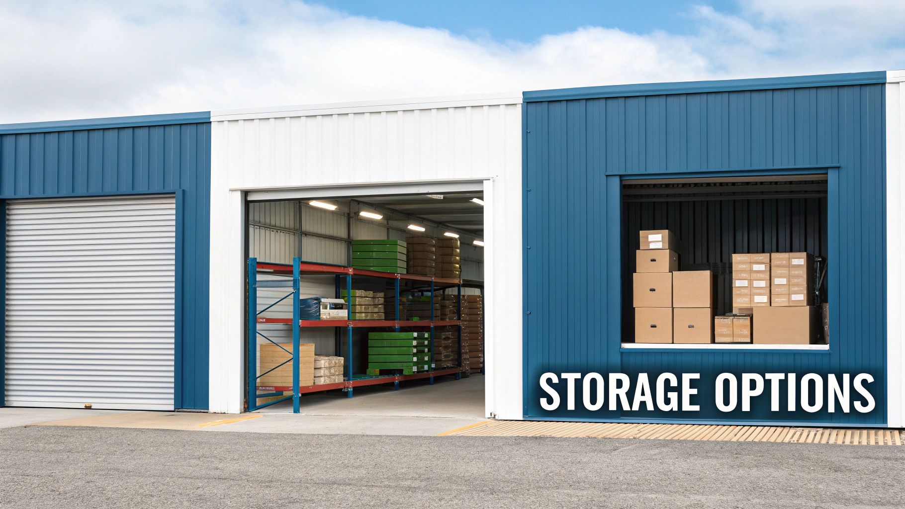 Exterior of a modern self-storage facility with open and closed units, showing various storage options with boxes.