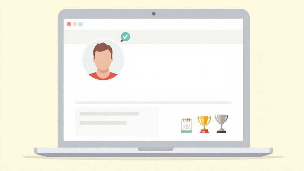 A laptop screen displays a verified user profile with an avatar, a calendar, and two achievement trophies.
