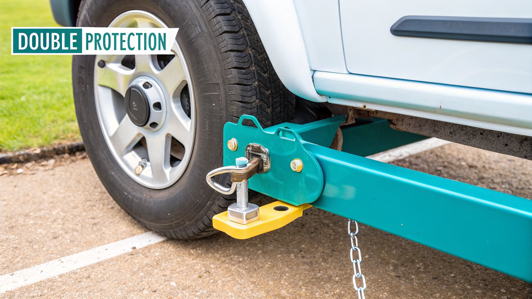 A close-up of a heavy-duty wheel clamp locked onto a trailer wheel.