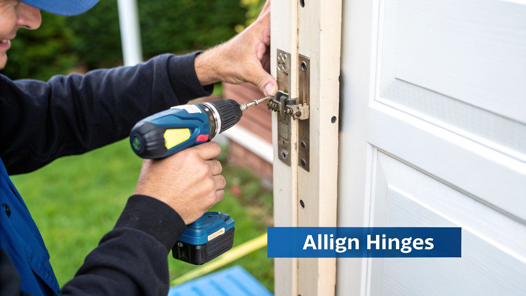A close-up of a person tightening a screw on a door hinge with a screwdriver.