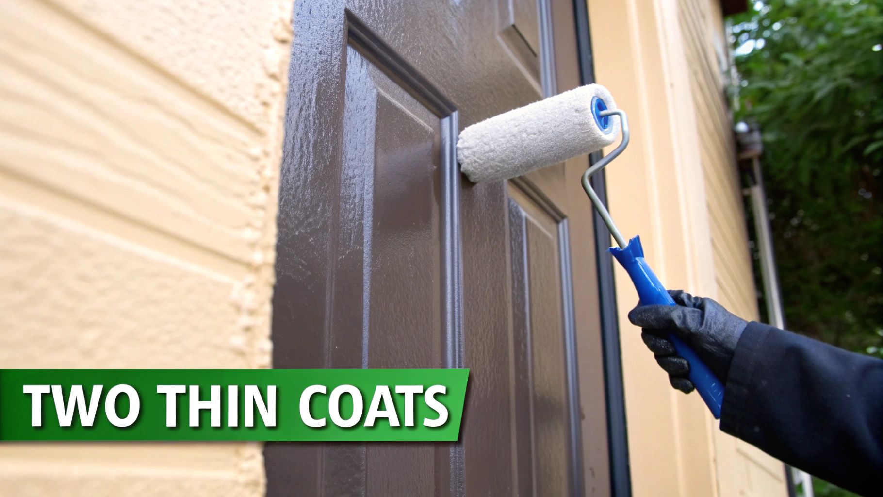 A person using a paintbrush to carefully apply a white top coat to a primed wooden door.