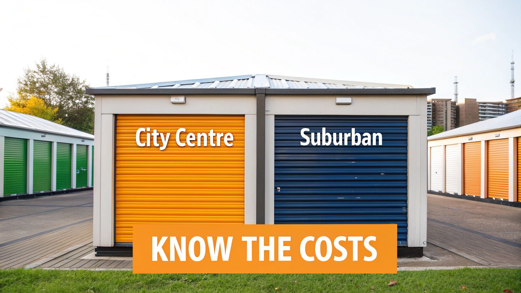 Two self-storage units, one orange for 'City Centre' and one blue for 'Suburban', with a banner 'KNOW THE COSTS'.