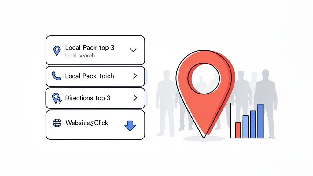 Local search performance metrics, including top 3 rankings, directions, and website clicks, with a location pin and growth chart.