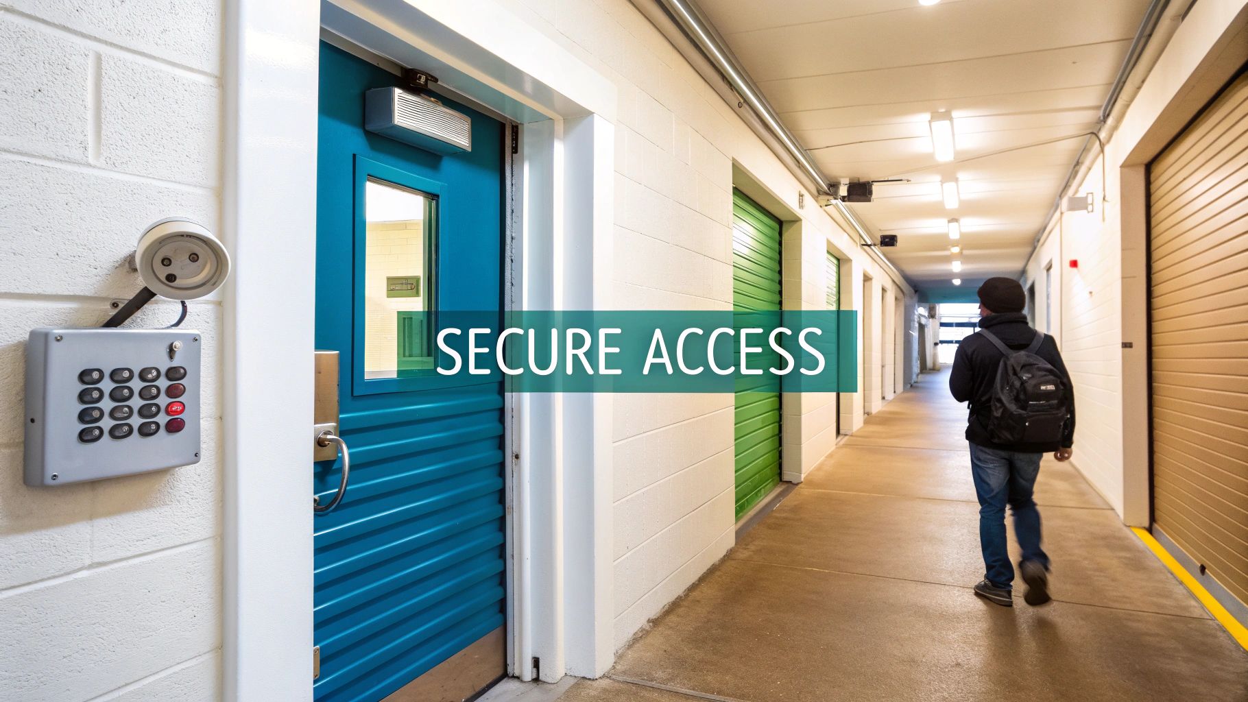 A student walks past a keypad-controlled blue door and secure storage units in a well-lit hallway.