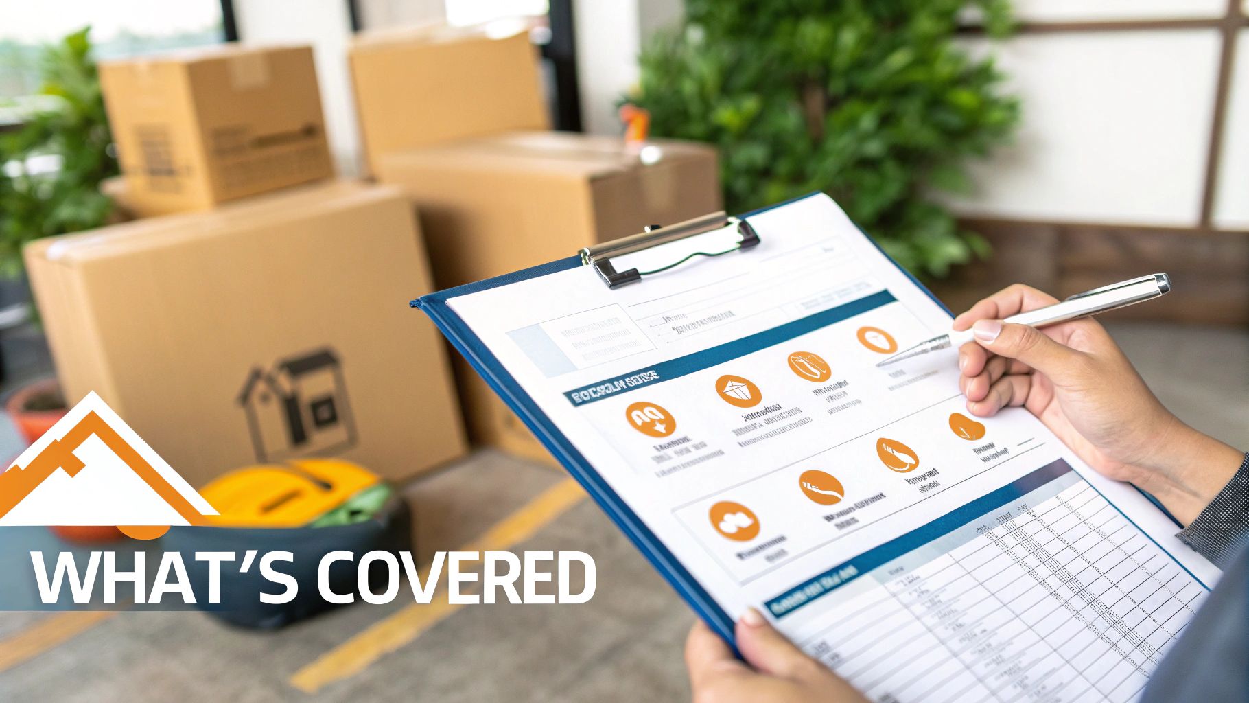 Person checking a document on a clipboard with a pen, surrounded by moving boxes.