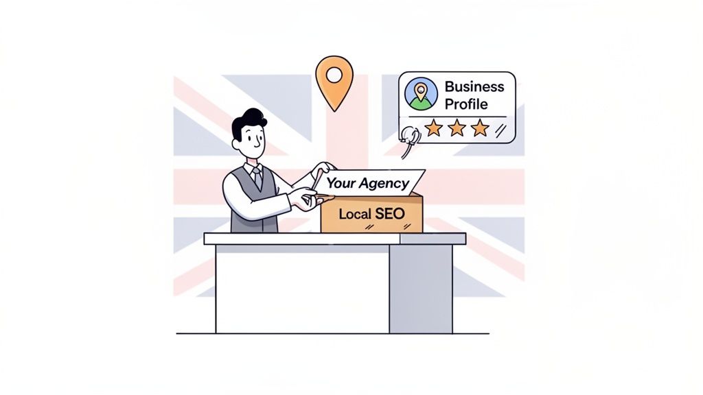 A man places 'Your Agency' into a 'Local SEO' box, with a UK flag and business profile.