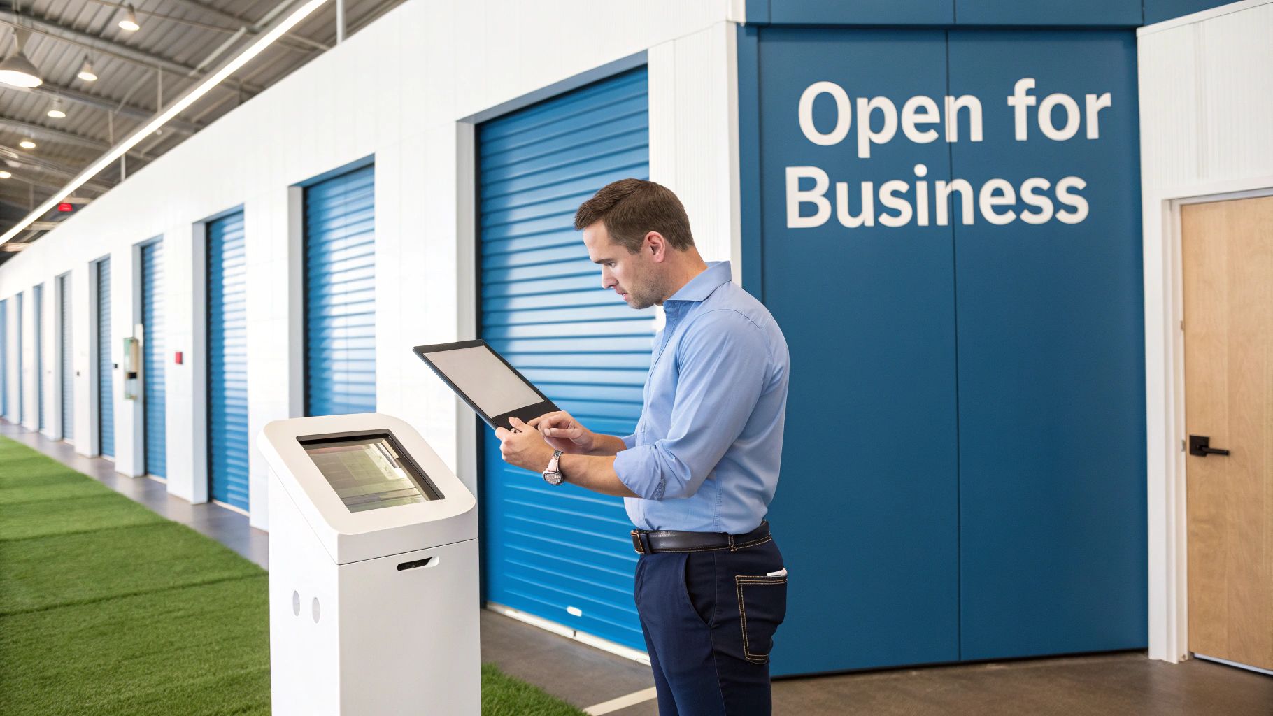 A man uses a tablet and self-service kiosk in a bright, modern self-storage facility with blue units.