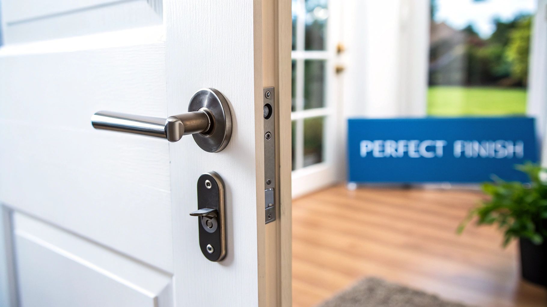 Close-up of a white modern door with a brushed steel handle and lock, slightly ajar, revealing a room and garden.