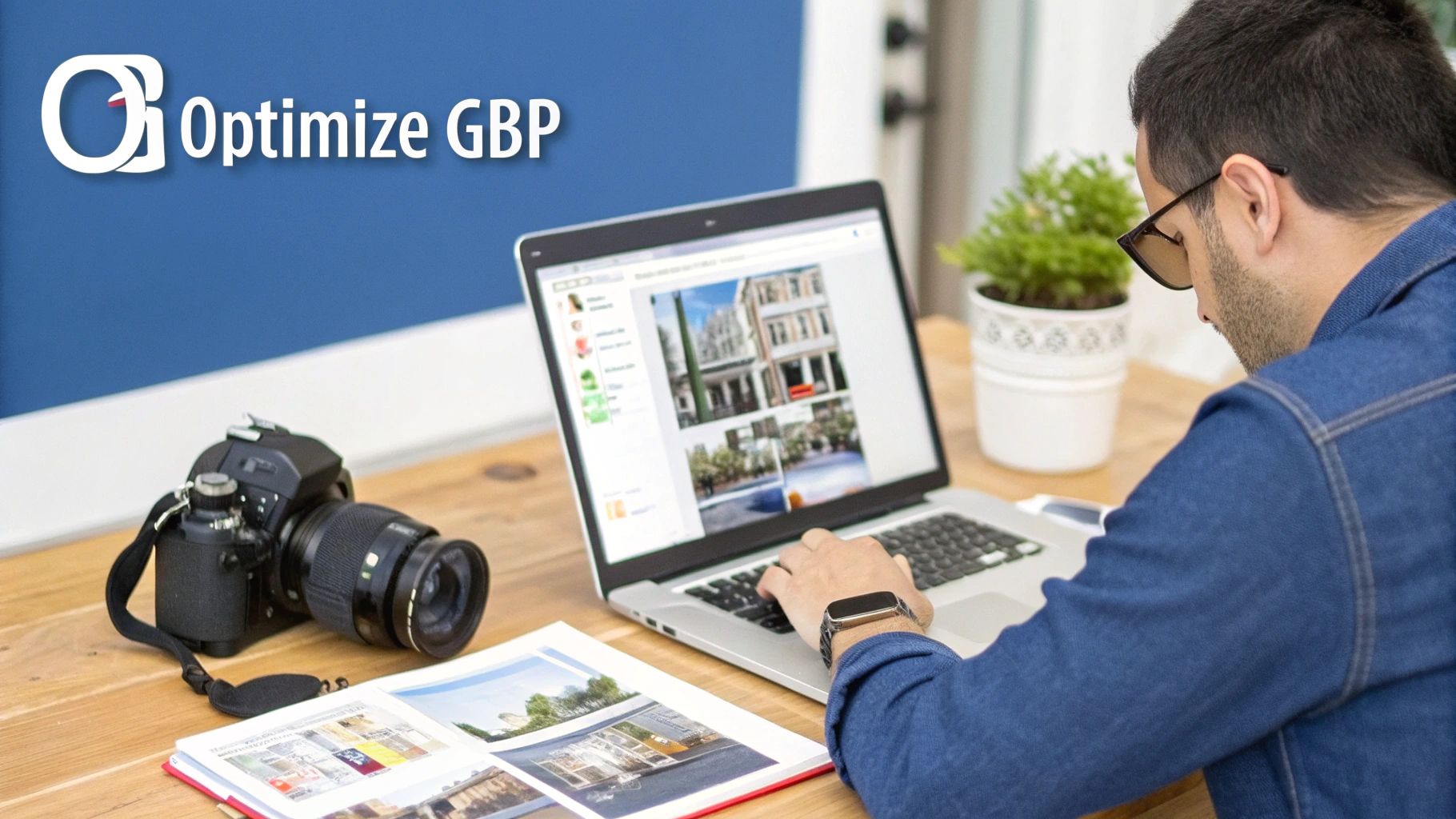 Man optimizing Google Business Profile listings on laptop, with camera and property images for local SEO.
