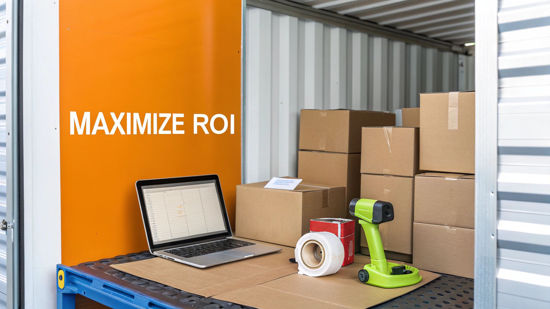 Laptop, scanner, and boxes inside a business storage unit with 'MAXIMIZE ROI' text on the wall.