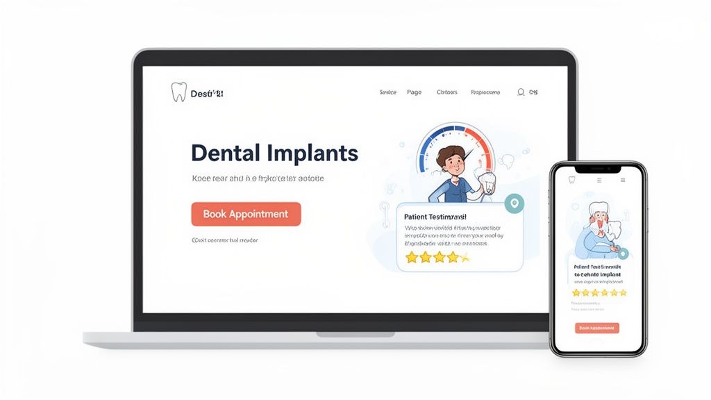 Laptop and smartphone showcasing a dental implants website and app with a 'Book Appointment' button.