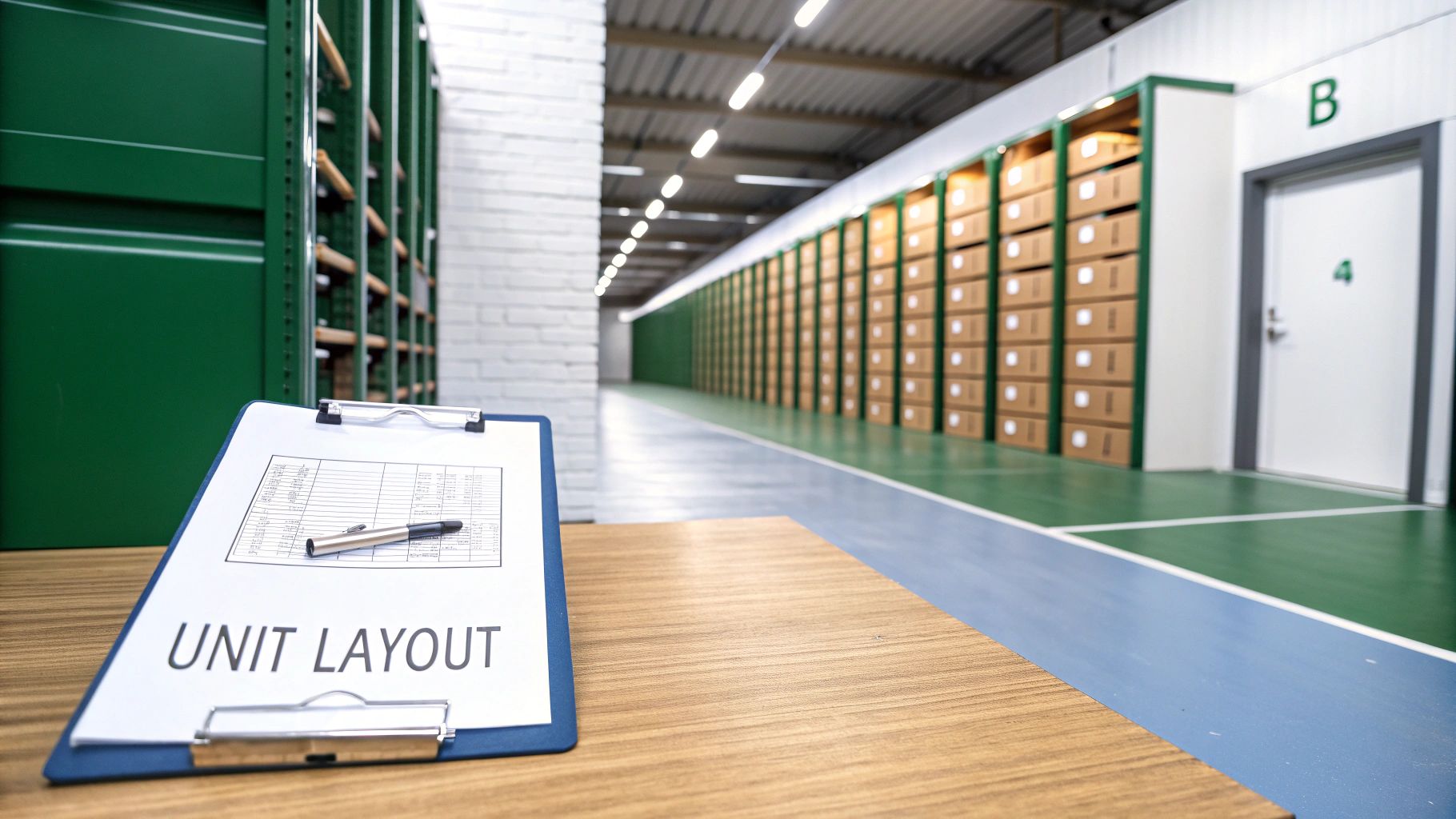 Clipboard with 'UNIT LAYOUT' document on a wooden table in a self-storage facility hallway.