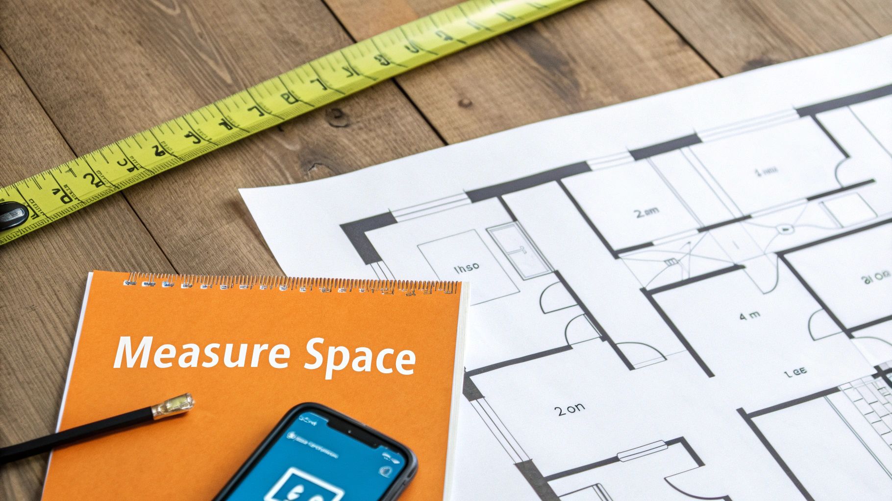Tools for measuring and planning a home, including a tape measure, blueprint, and measuring app.