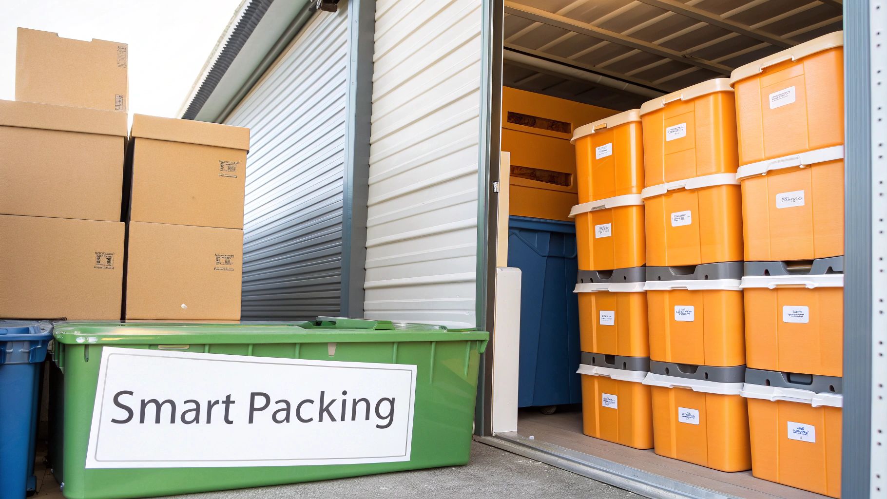 Person organising boxes in a neat storage unit.