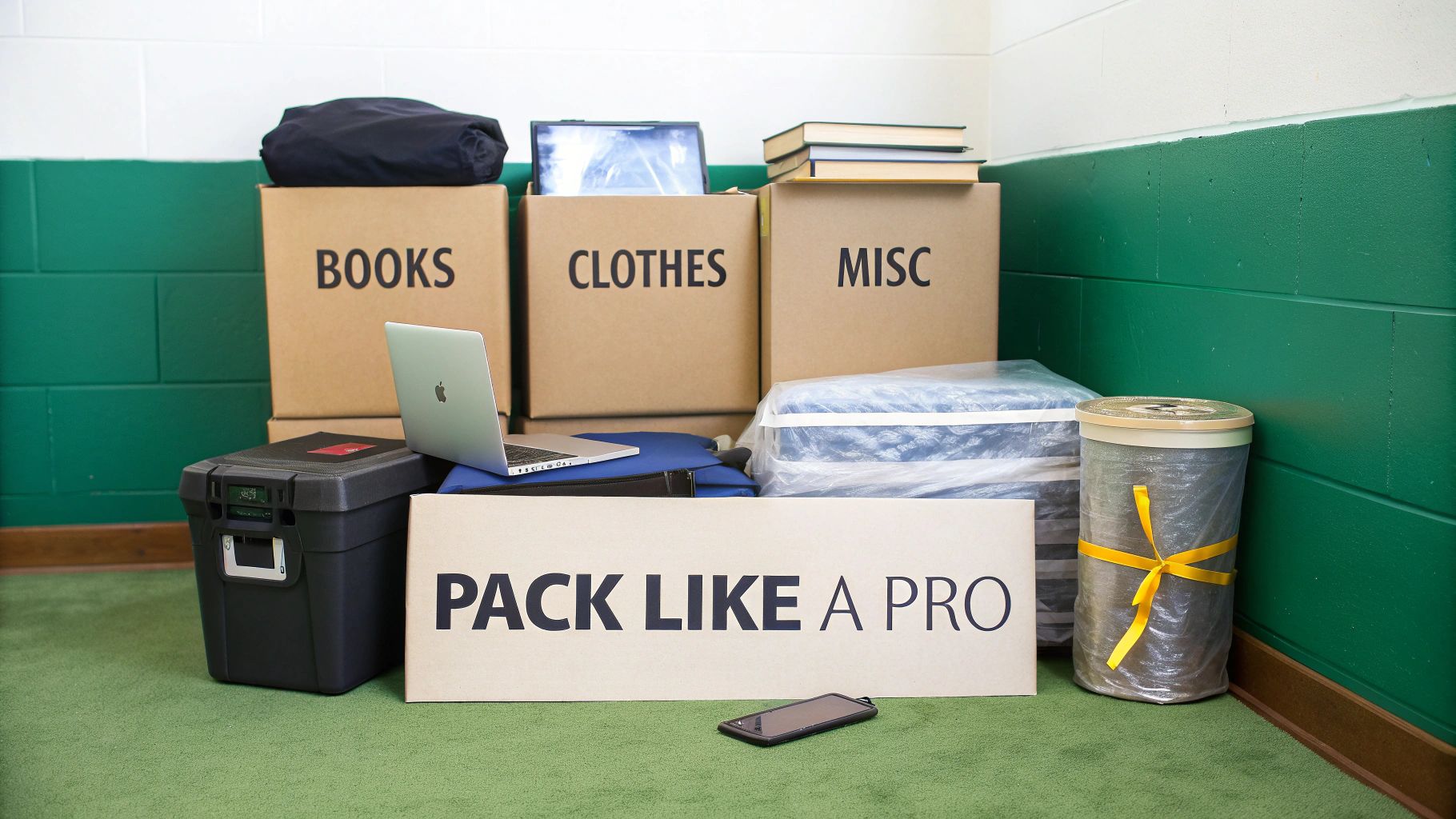 Packing supplies ready for moving, including labeled boxes, a laptop, and a 'PACK LIKE A PRO' sign.