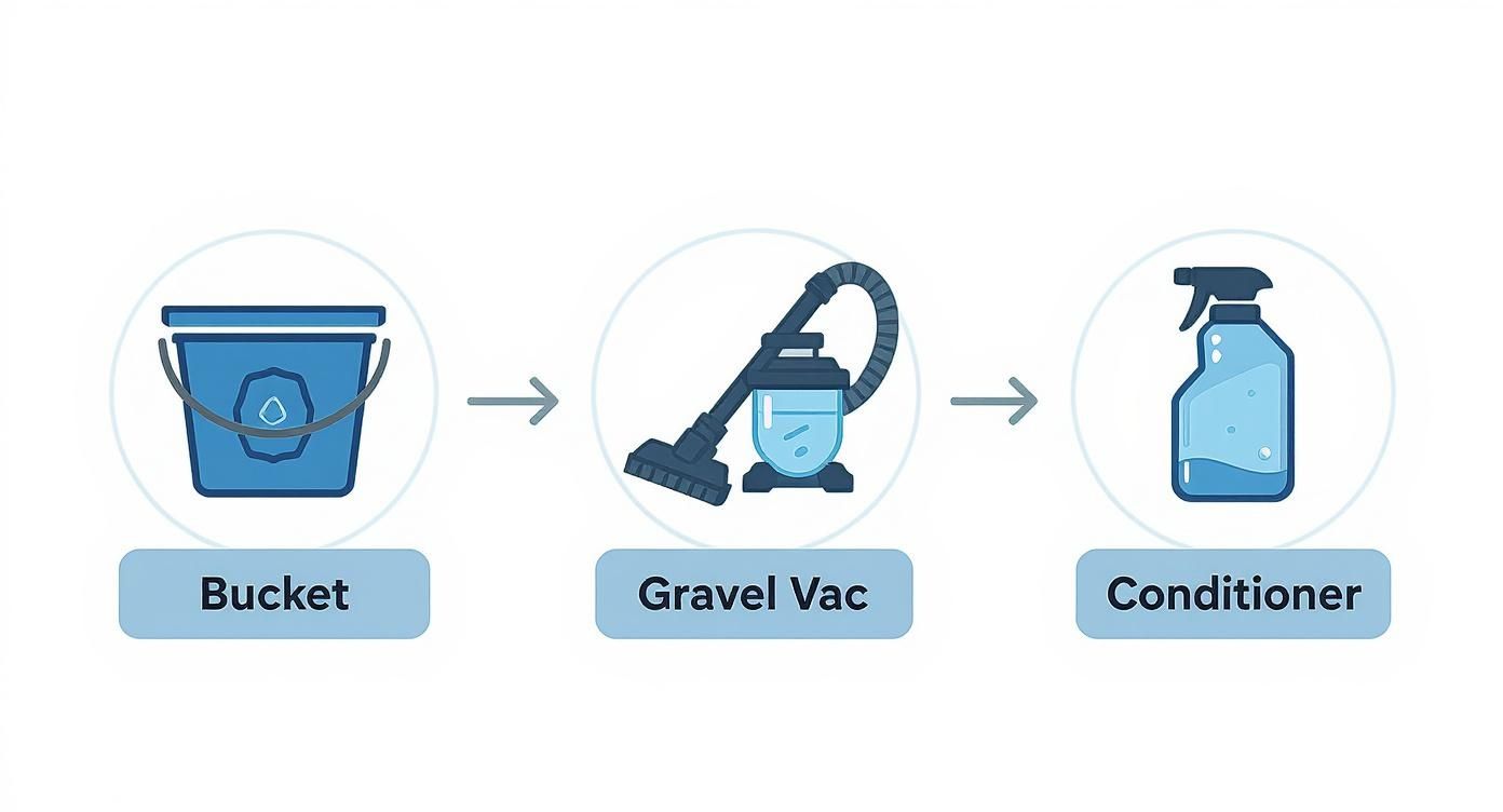 Illustration depicting the sequential tools for aquarium water changes: a bucket, a gravel vacuum, and a conditioner spray bottle.