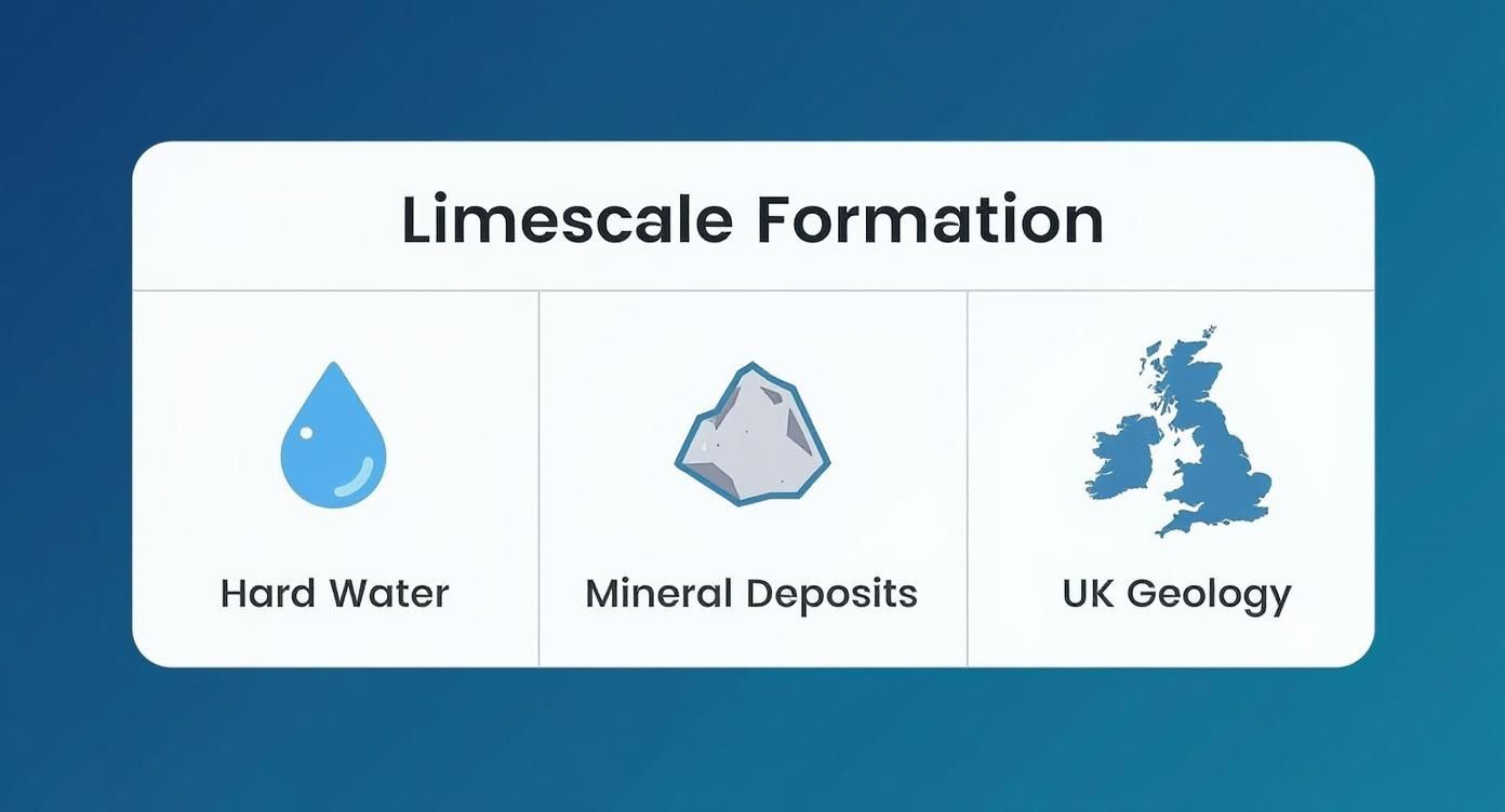 Infographic detailing the causes of limescale, a showing icons for hard water, mineral deposits, and UK geology.