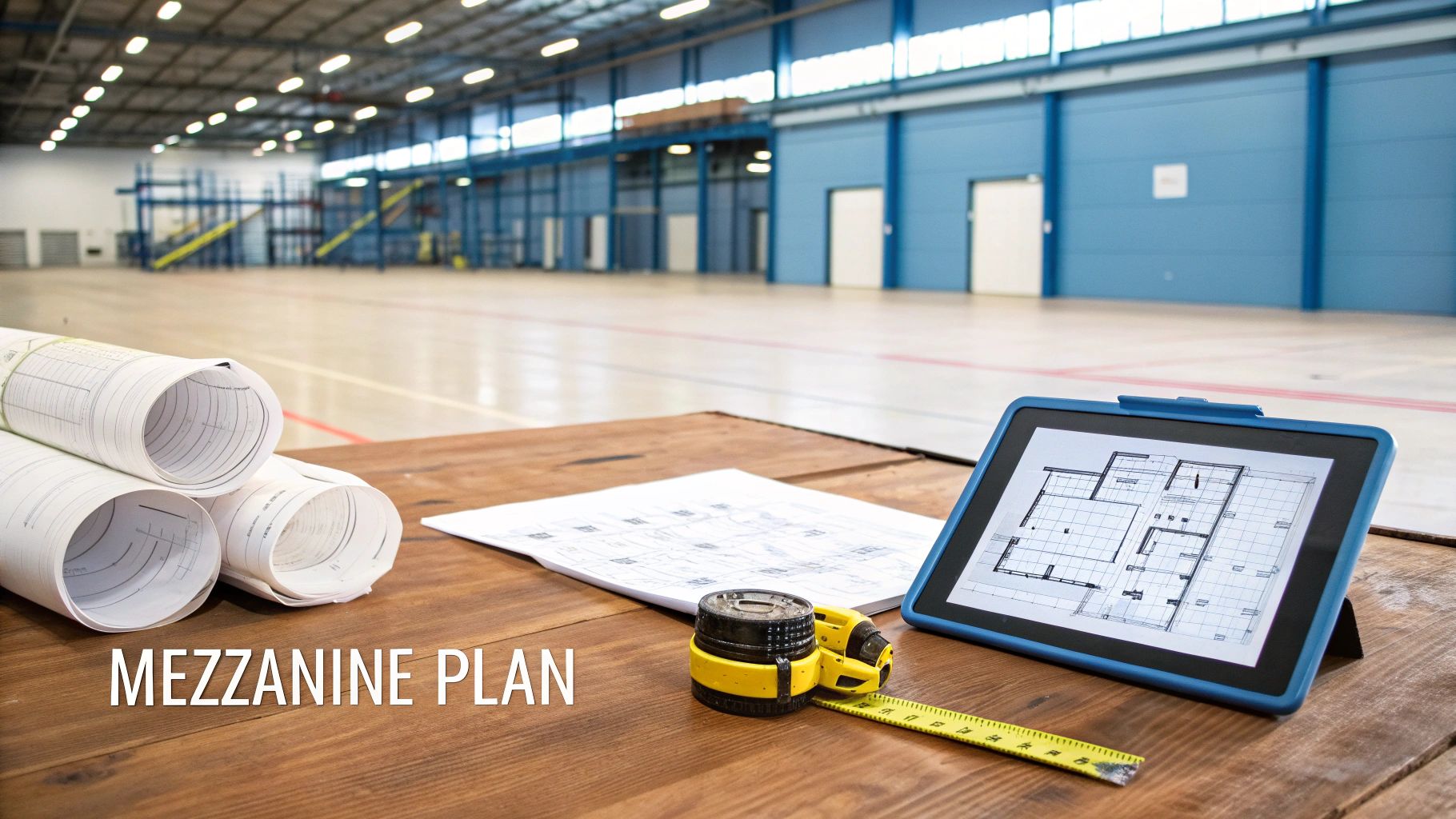 installing a mezzanine floor mezzanine plans • Installing a Mezzanine Floor A Developer's Guide Mezzanine floor construction plans and tools on a wooden table in a large, empty warehouse.
