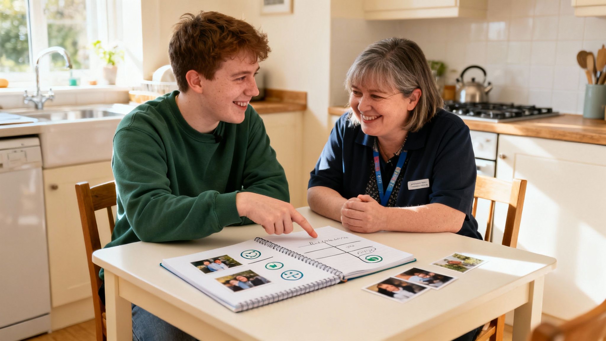 A young man and an adult support worker happily discuss a photo book at a kitchen table.
