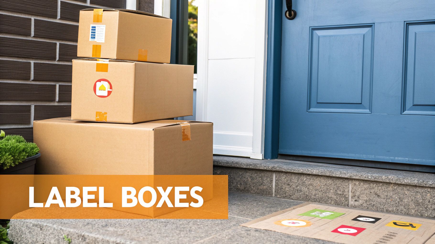 Three stacked cardboard moving boxes sit on a doorstep next to a blue door and brick wall.