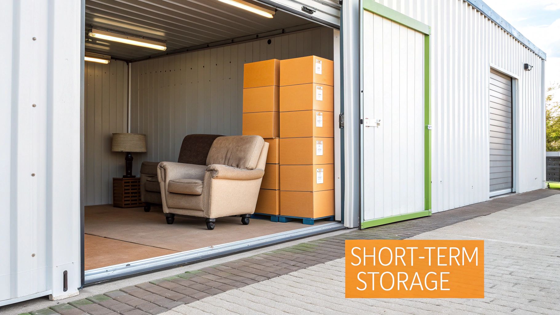 An open short-term storage unit containing two armchairs, a lamp, and many stacked cardboard boxes.