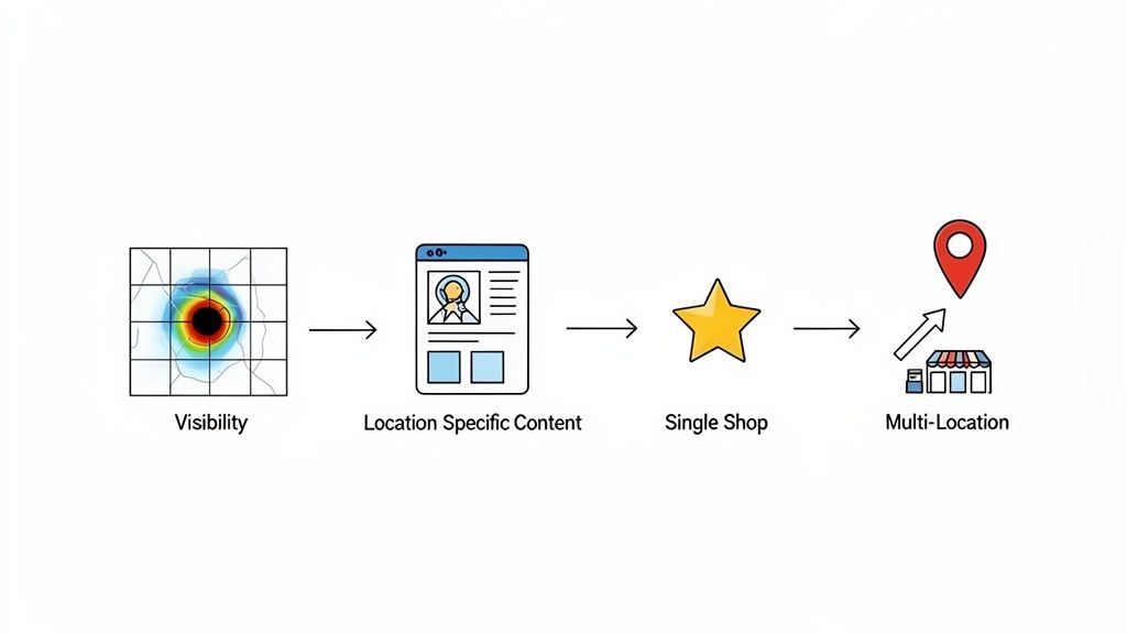 Diagram illustrating a local business progression from heatmap visibility to location-specific content, a single shop, and then multi-location expansion.