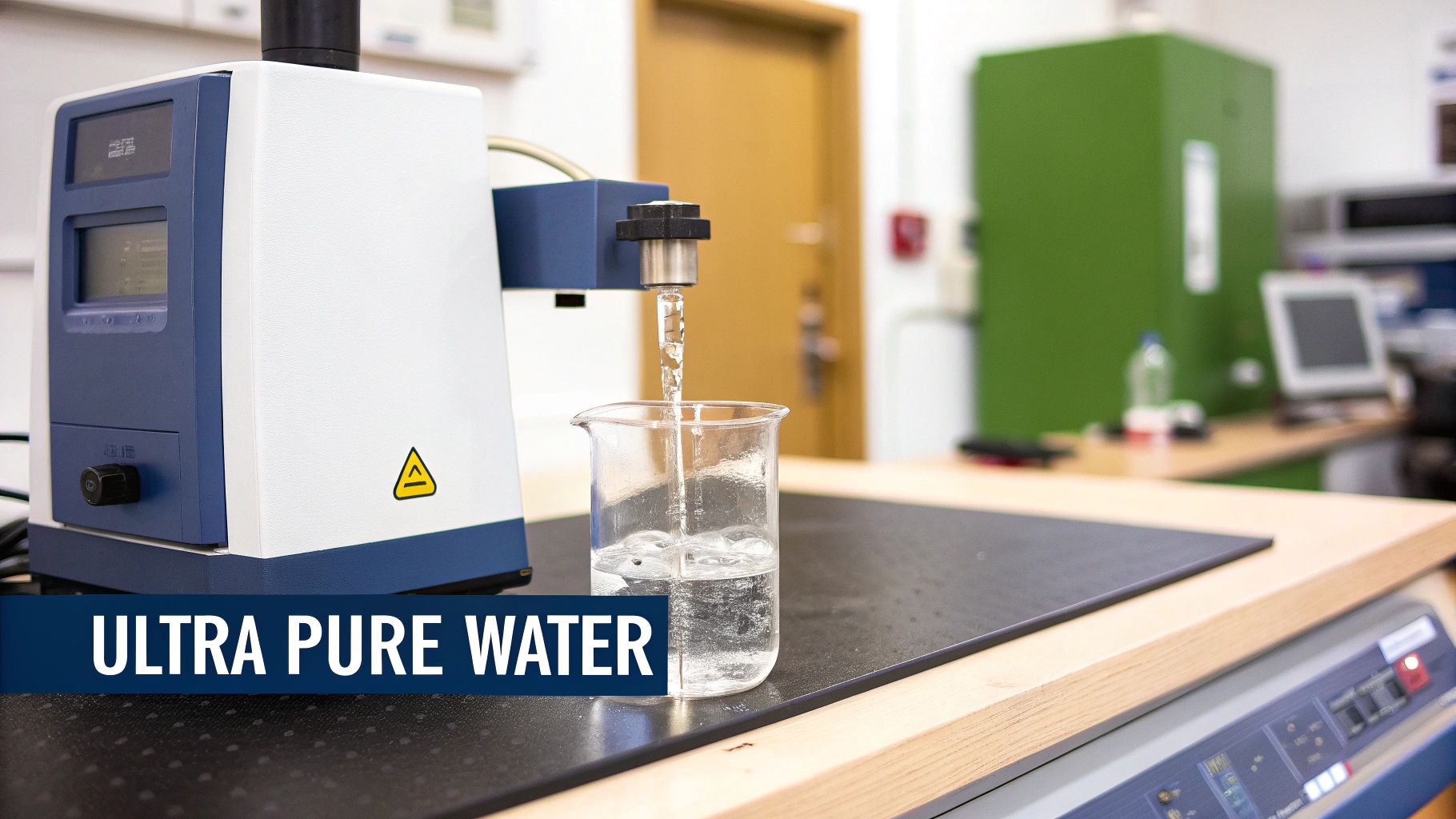 Laboratory water purification system dispensing ultra pure deionized water into glass beaker on workbench