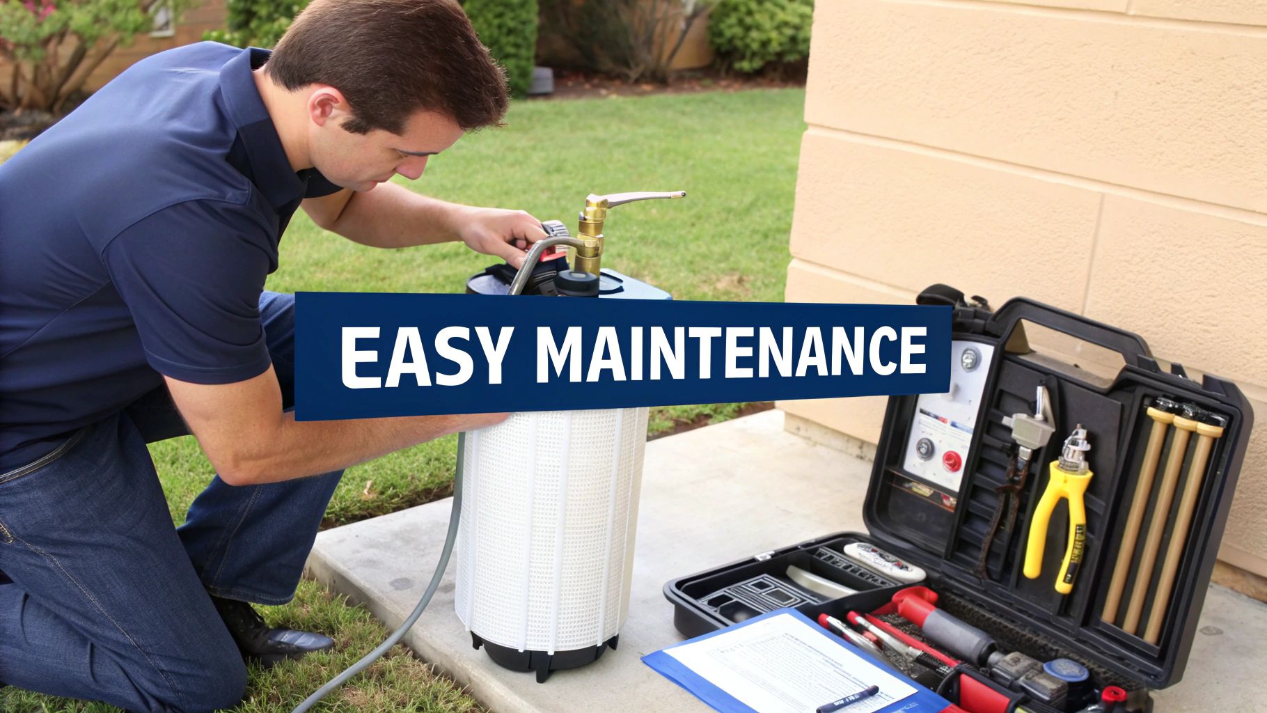 A man kneels outdoors performing maintenance on a water filter system with tools and a clipboard nearby.