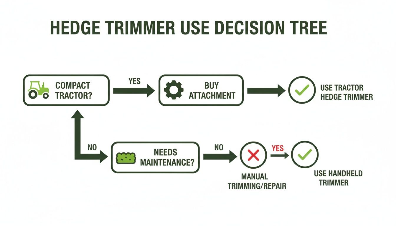 Flowchart decision tree for hedge trimmer use, guiding between tractor and handheld trimmers.