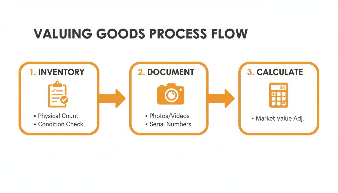 A three-step process flow for valuing goods: Inventory, Document, and Calculate.