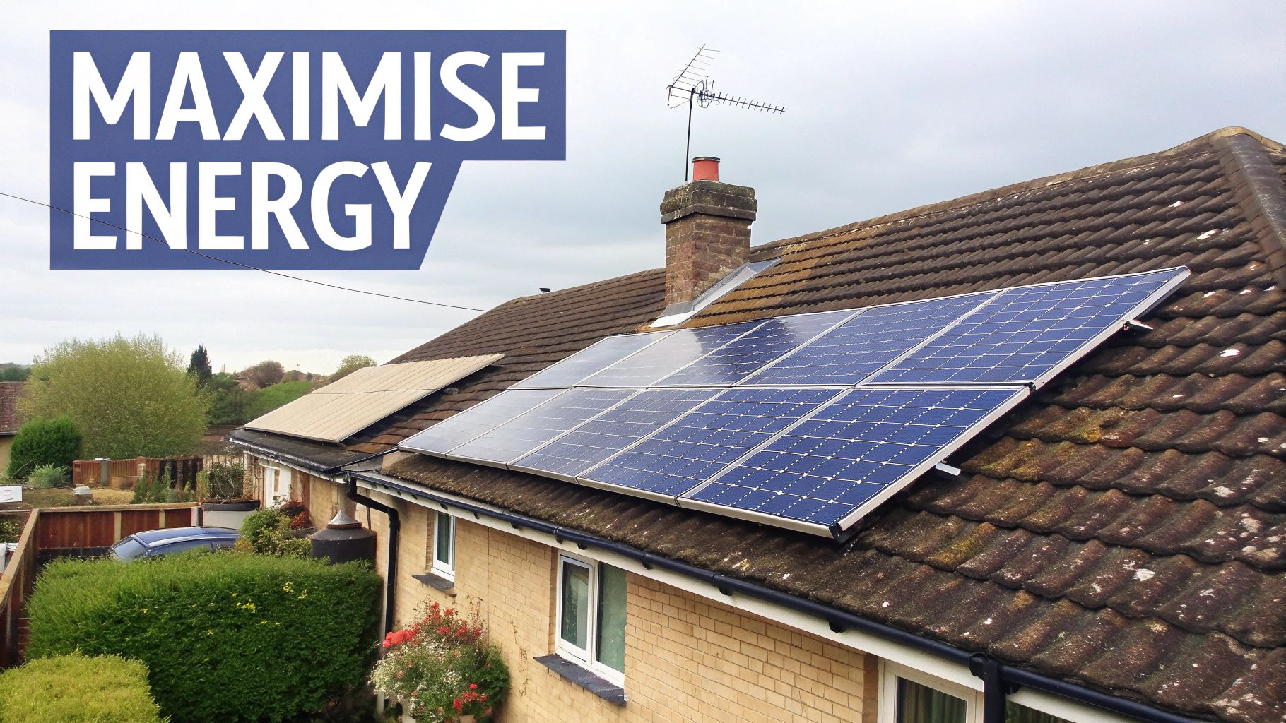 Close-up of a person safely cleaning a residential solar panel with a long brush.
