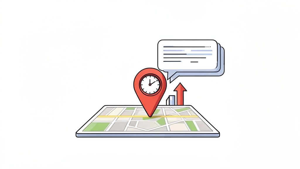 Illustration of a map with a red pin, clock, text bubble, and an upward arrow, representing timely reviews and growth.