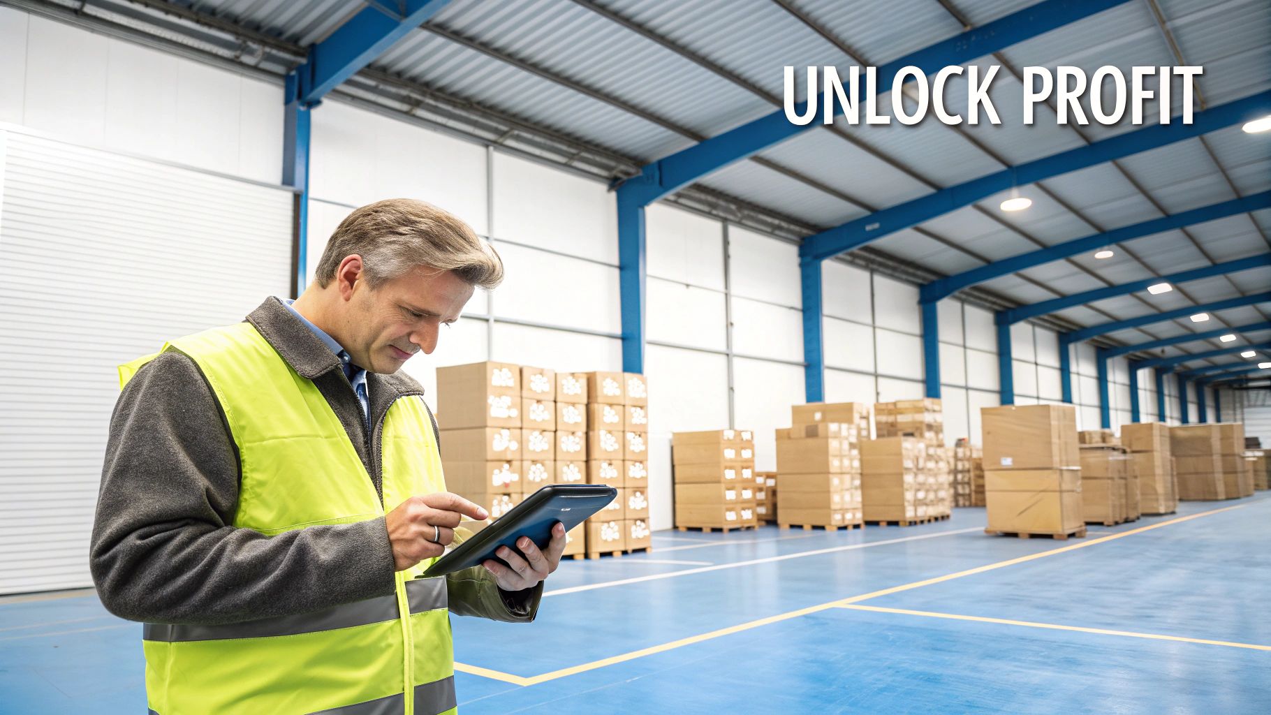 A warehouse worker in a high-vis vest uses a tablet, surrounded by stacked boxes. Text: UNLOCK PROFIT.