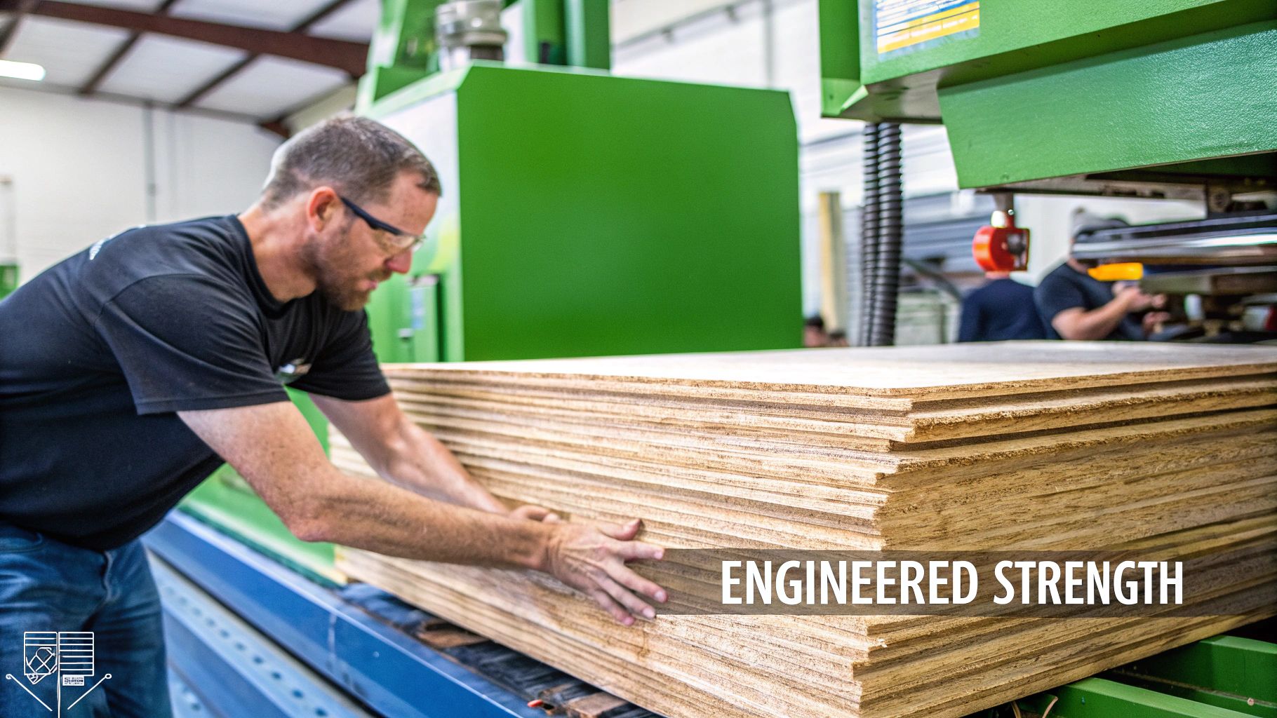 A cross-section showing the alternating layers of veneer in a piece of plywood.