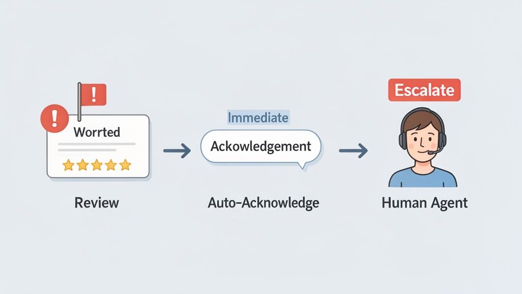 A person calmly looking at a negative review on a screen, with icons showing a positive resolution path.