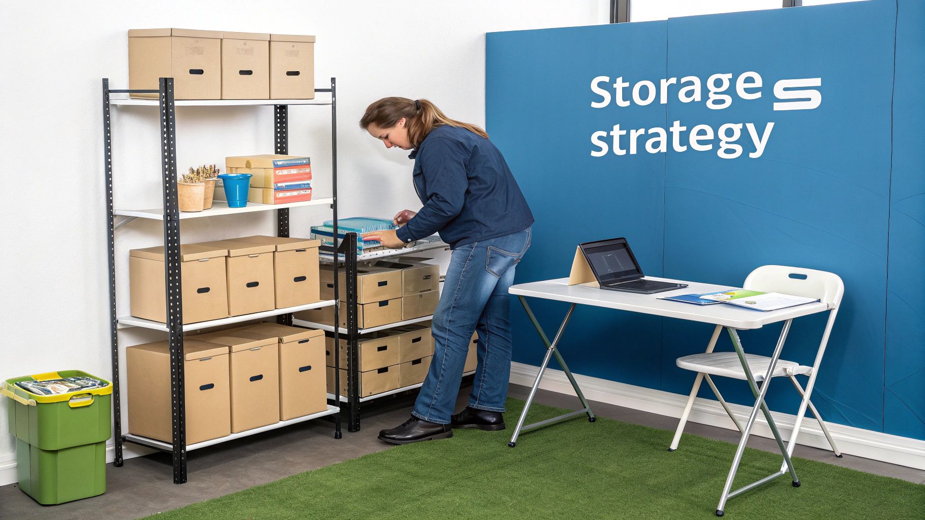 A woman organizes cardboard boxes on metal shelves in an office with a storage strategy display.