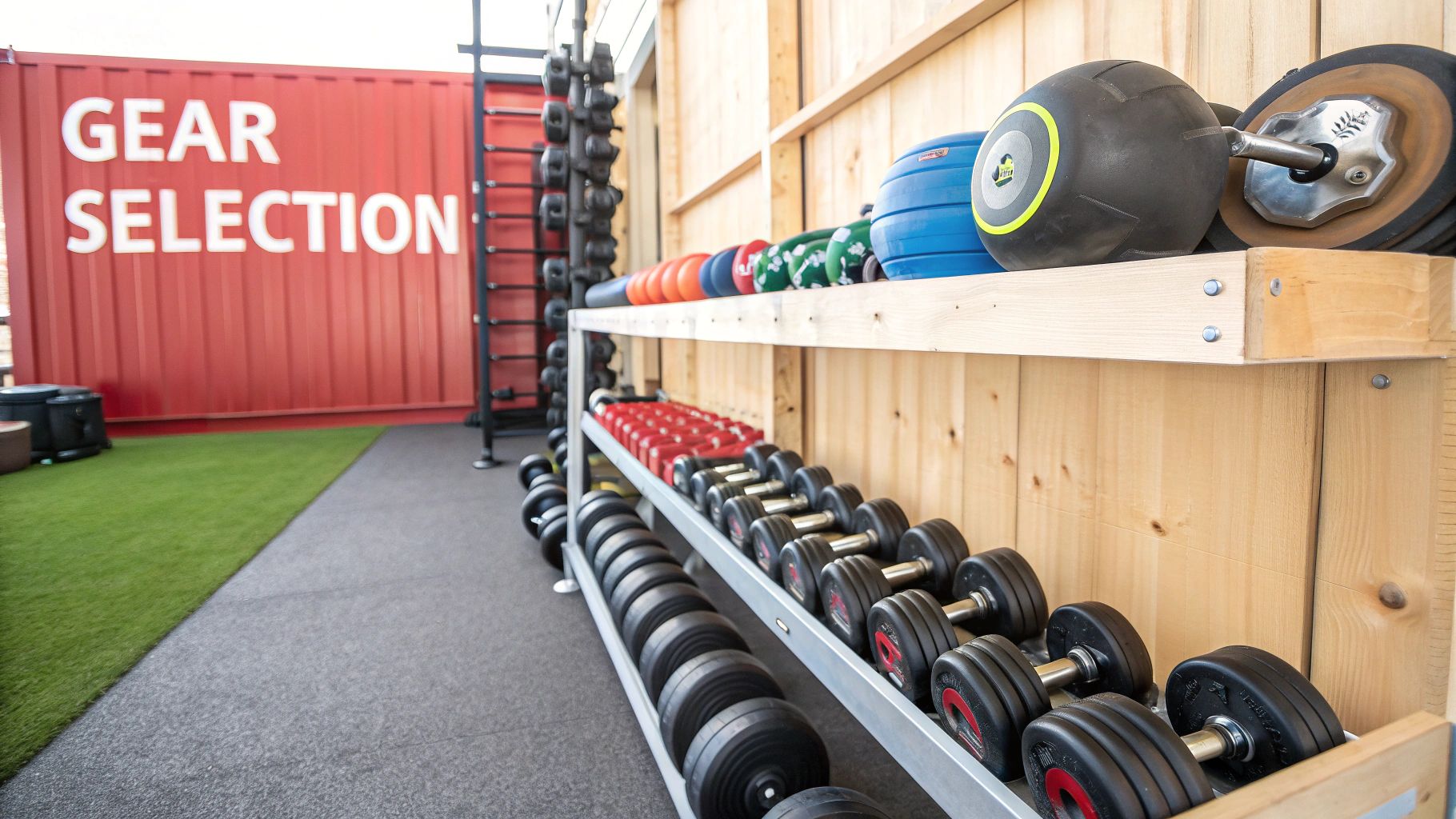 A person working out in a well-equipped shipping container gym.
