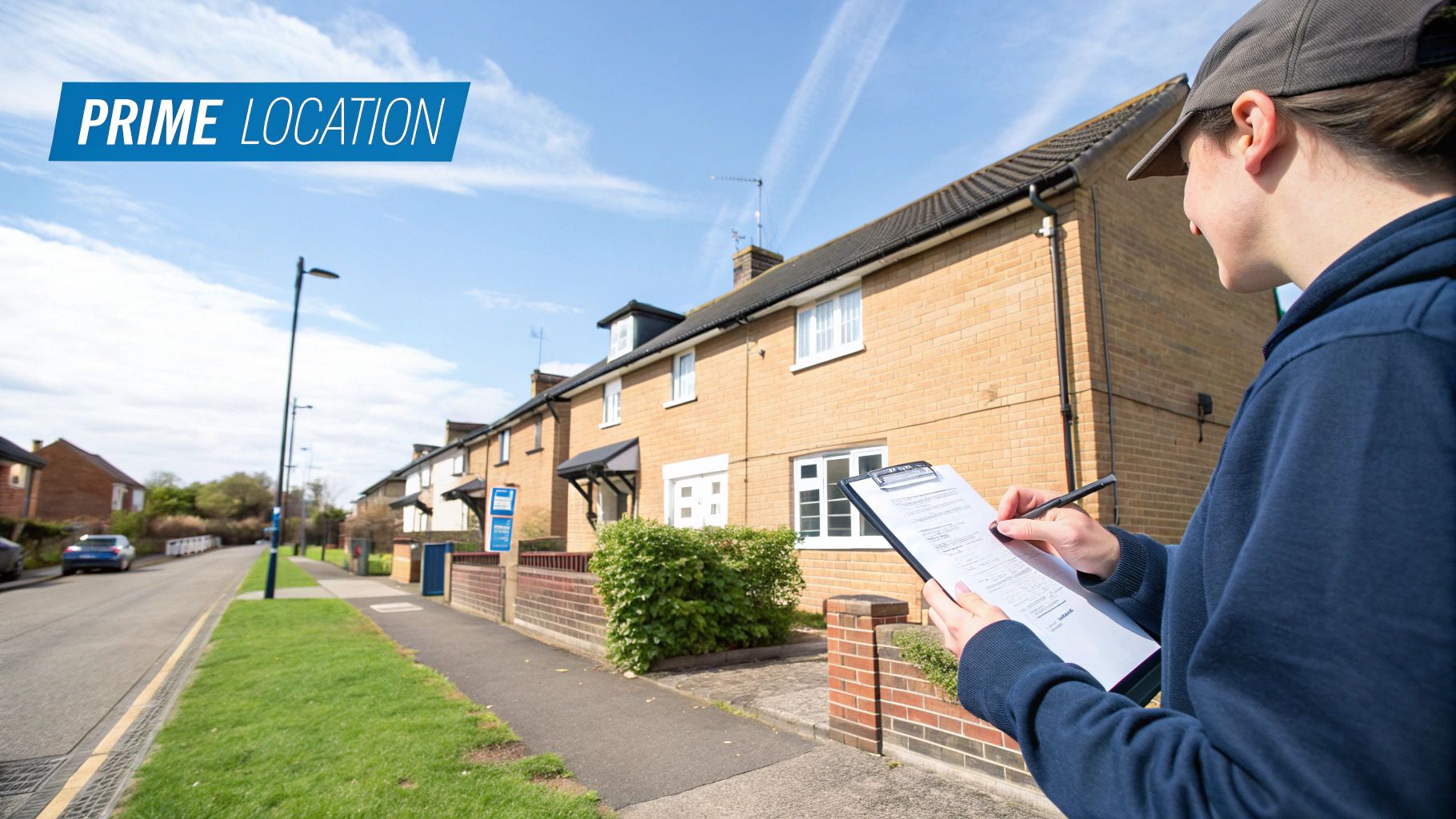 An inspector in a cap writing on a clipboard in front of brick houses on a sunny day.