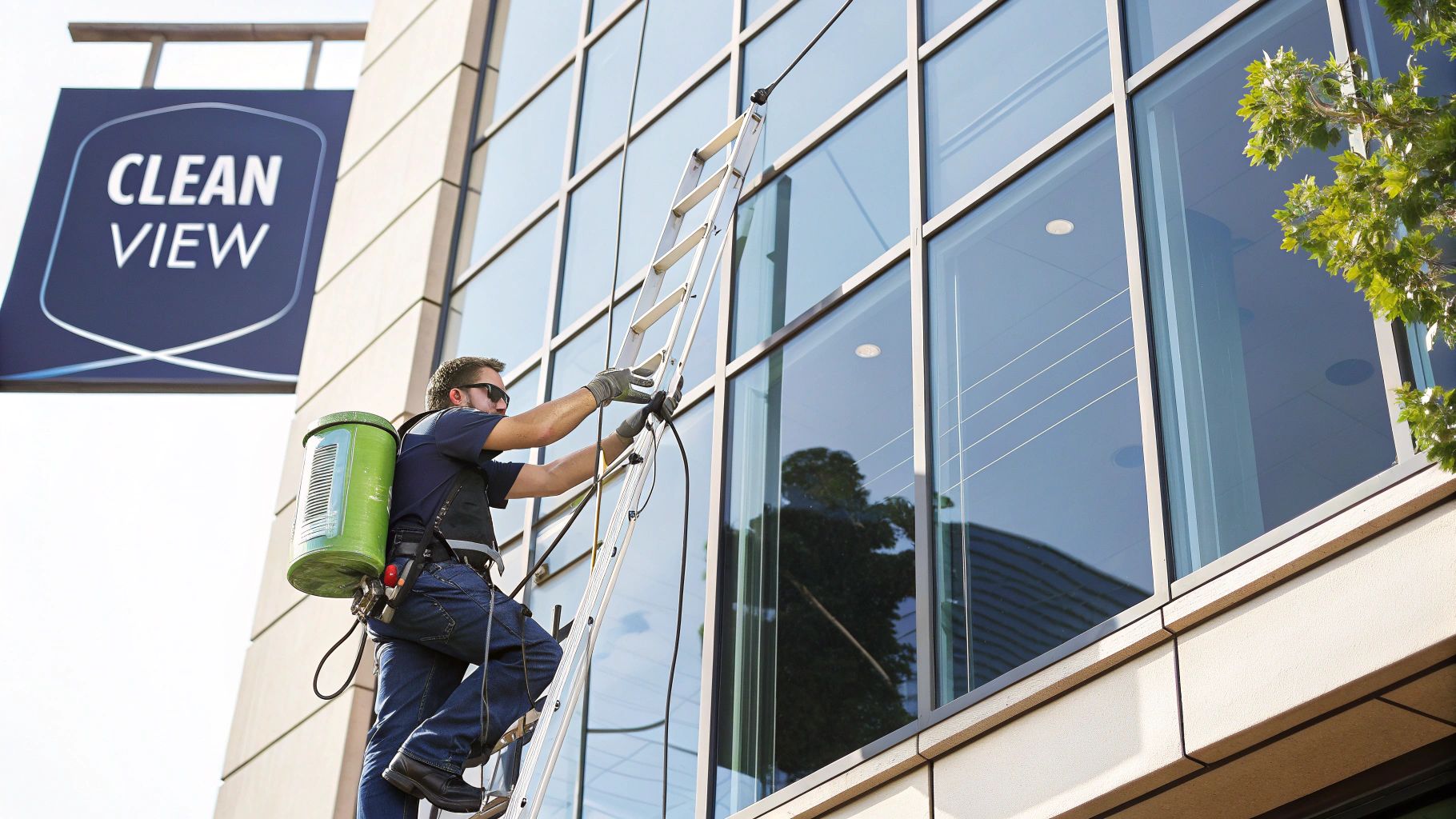 A professional window cleaner using a water-fed pole system connected to a tank in their van.