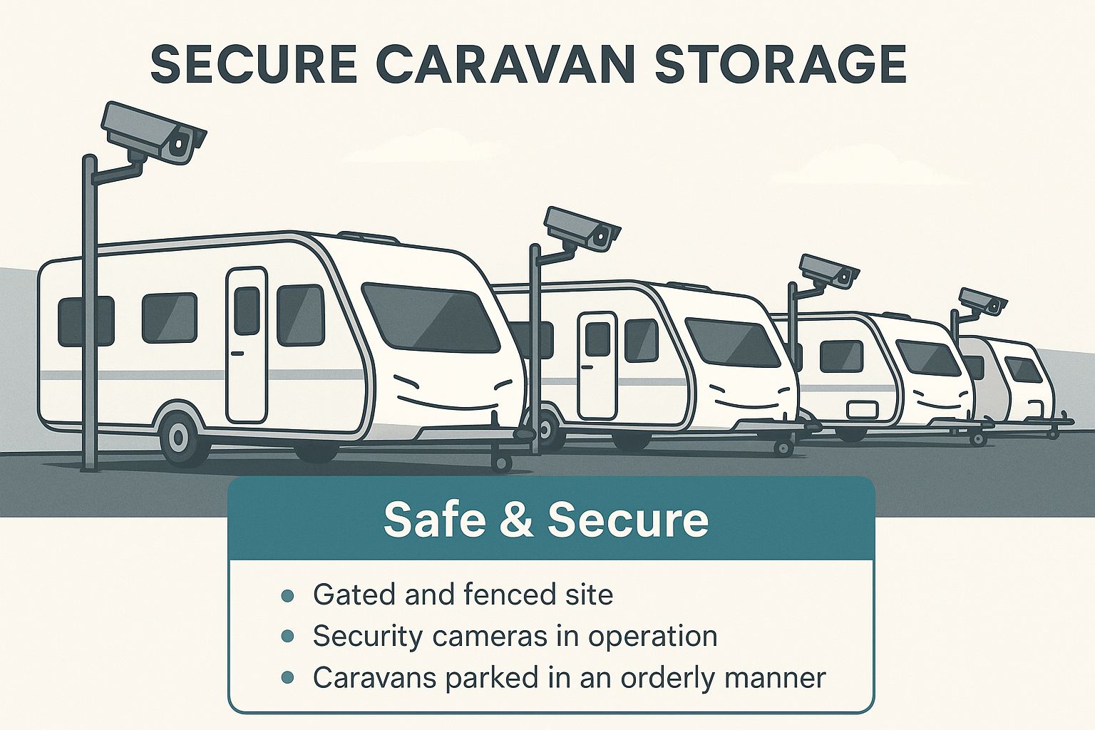 Infographic showing caravans parked securely under CCTV surveillance at a Wirral storage site, with the text 'Safe & Secure'.