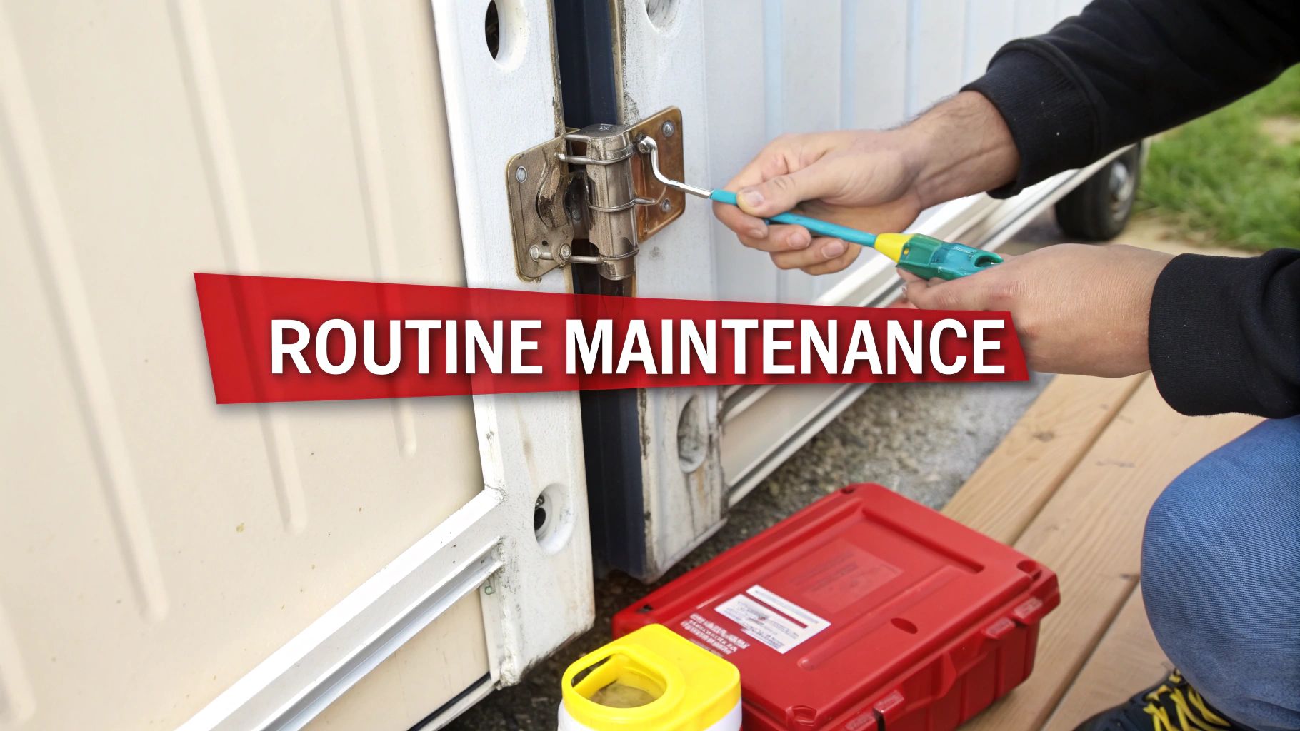 A person's hands perform routine maintenance on a shipping container door hinge using a specialized tool.