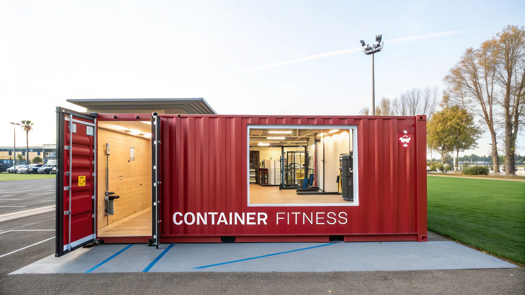 A modern shipping container gym interior with weight racks and exercise equipment.