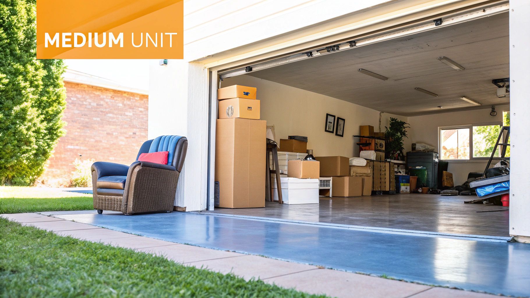 Person organising items in a medium-sized storage unit with furniture and boxes.