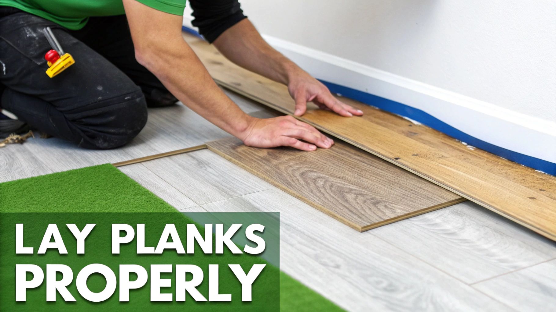 A person kneeling on a partially laid wood floor, fitting a new plank into place.