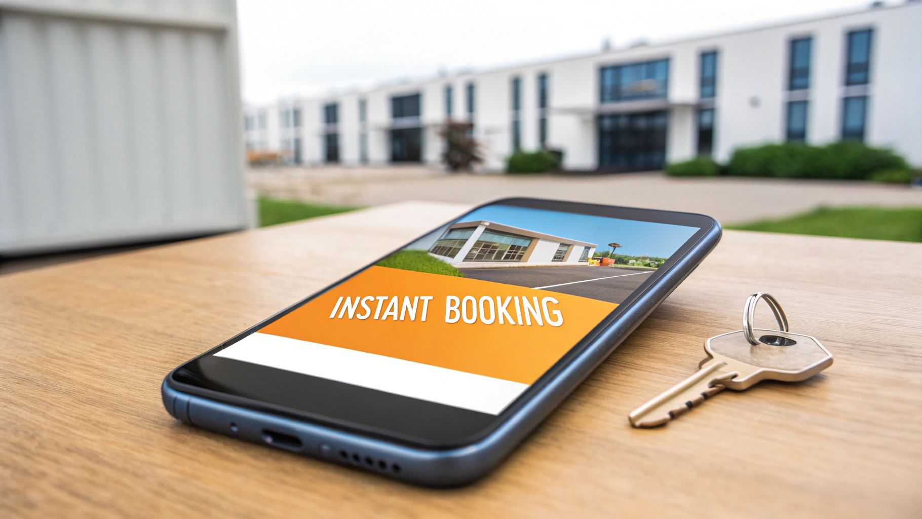 A smartphone displays 'INSTANT BOOKING' for a modern building, with a key on a wooden table.